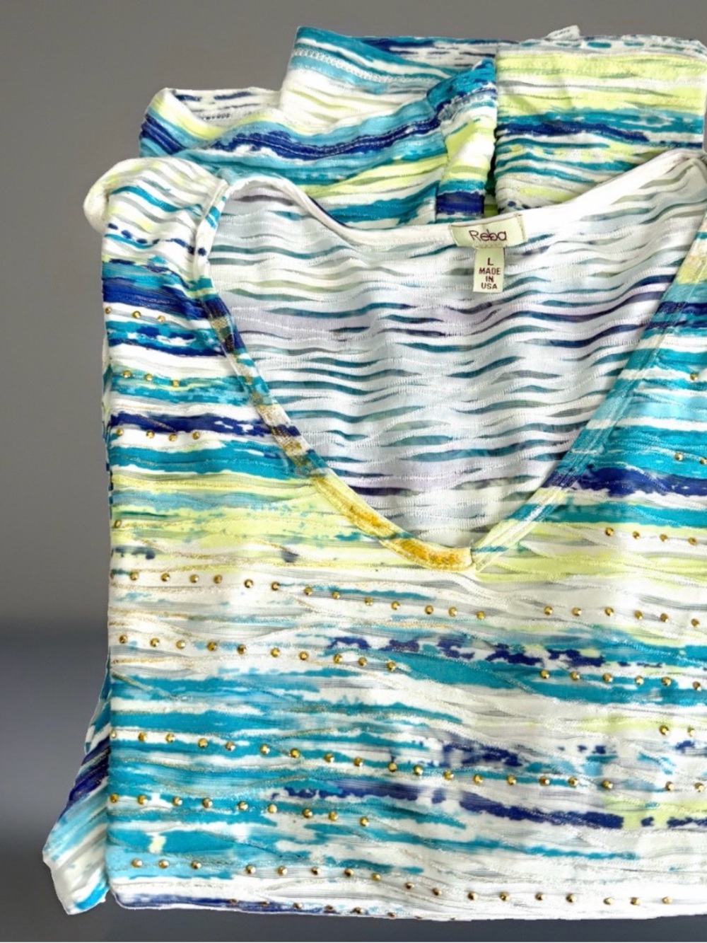 Womens Blouse XL Tunic Top 3/4 Sleeve Embellished Colorful Striped Office Reba